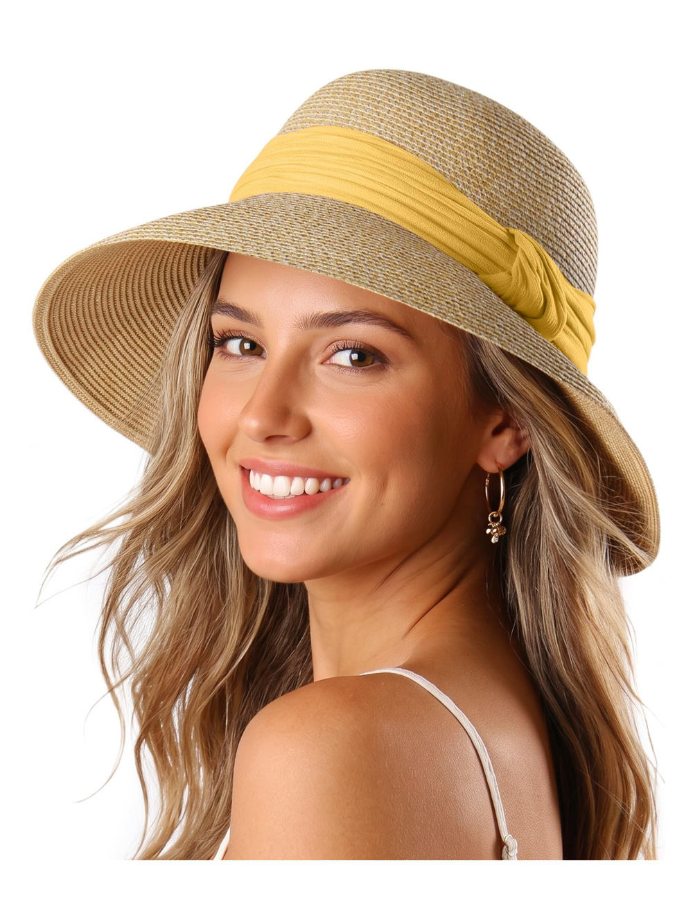 Sun Straw Hat for Women Wide Brim Floppy | Hat Band: Sunflower Yellow | Size OS
